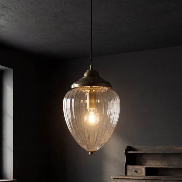 Suspension allongée rustique E27 avec abat-jour en verre Bronze