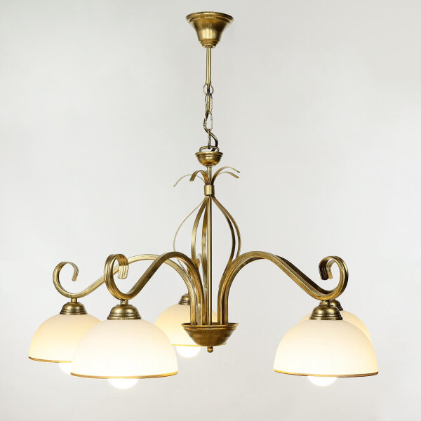 Plafonnier Or Antique Blanc Abat-jour en verre 5 flammes