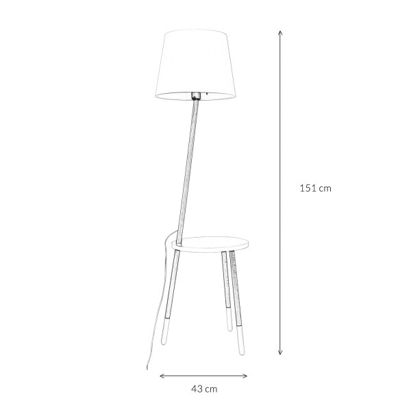 Lampadaire tripode LAMA bois tissu blanc avec tablette