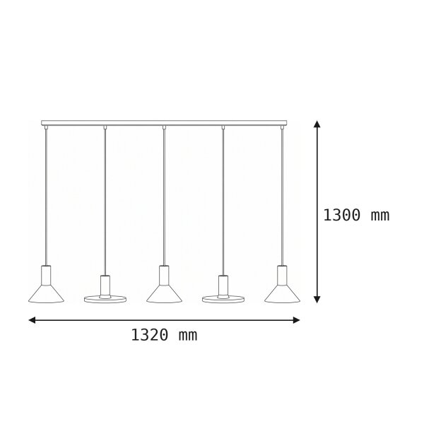 Suspension noire longue 132cm métal grand 5-flamme