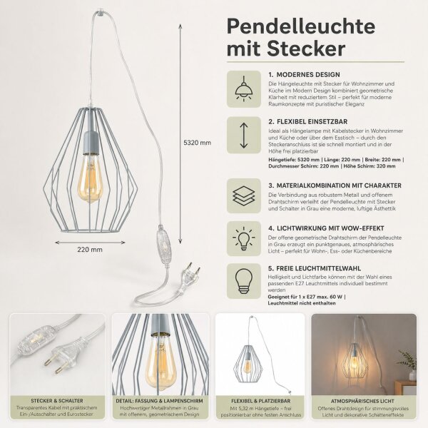 Lampe à suspendre avec fiche Câble de 5,5 m Gris flexible