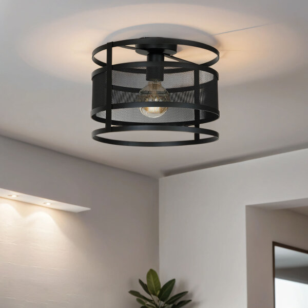 Plafonnier rond 30 cm noir métal Mesh E27