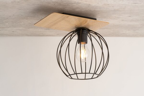 Plafonnier E27 Noir Naturel Métal Bois intérieur