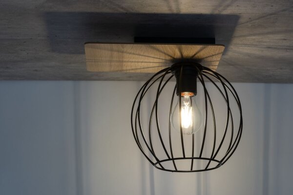 Plafonnier E27 Noir Naturel Métal Bois intérieur