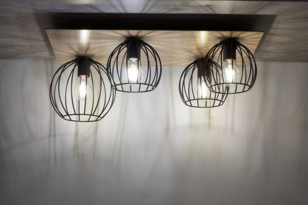 Plafonnier Métal Bois E27 Noir Naturel Rétro intérieur
