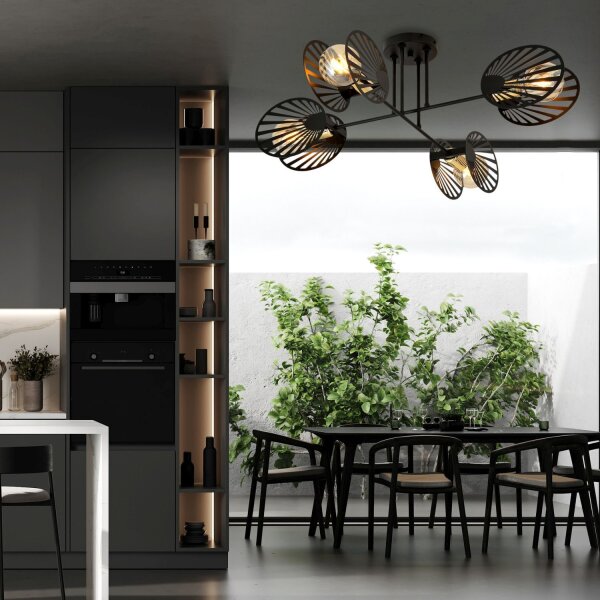 Plafonnier noir métal 86 cm de long 4 flammes