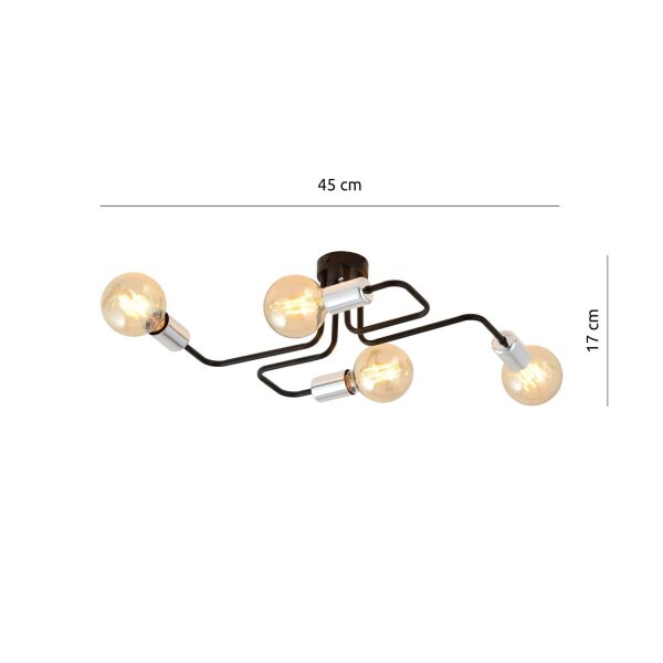 Plafonnier Retro plat 4 flammes pour E27 noir chrome