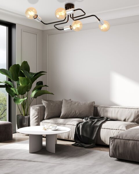 Plafonnier Retro plat 4 flammes pour E27 noir chrome