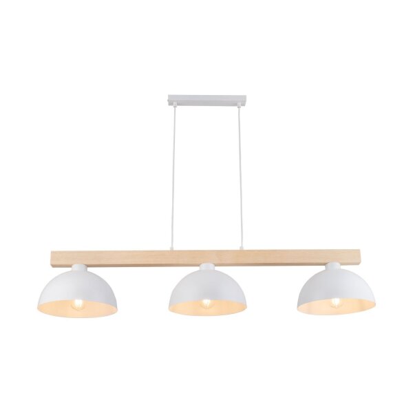 Suspension Blanc Métal Bois 3 flammes 118 cm de large E27