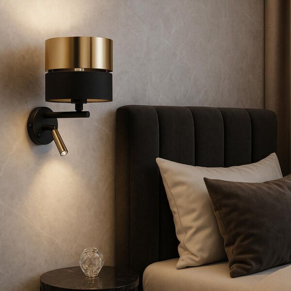 Applique murale avec interrupteur Tissu Métal Noir Or E27