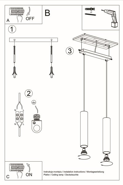 Suspension étroite Noir Métal 2 feux GU10