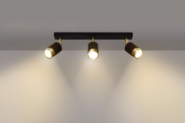 Spot de plafond métal noir or 3 flammes 45 cm de long