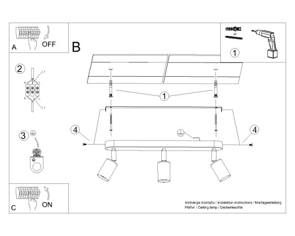 Spot de plafond noir 3 flammes orientable E27 métal