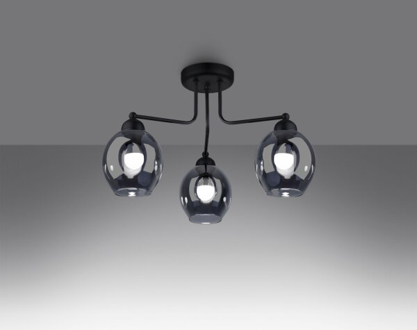 Plafonnier 3 flammes noir verre fumé E27 Moderne