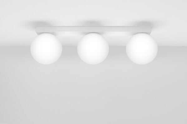 Plafonnier blanc 50 cm de long verre métal 3 flammes G9