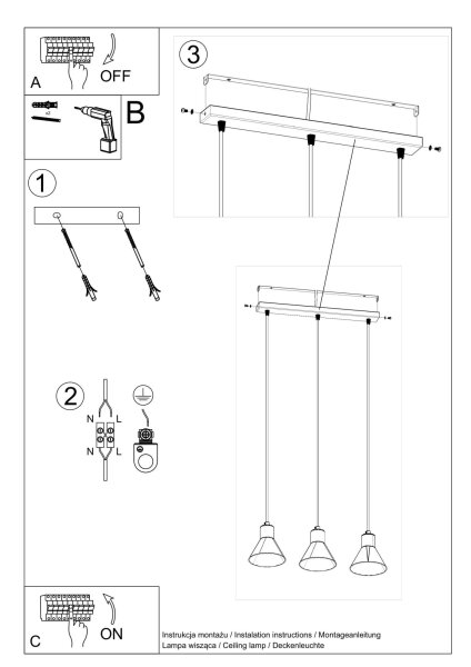 Suspension Noir étroit Rétro 3 flammes E27