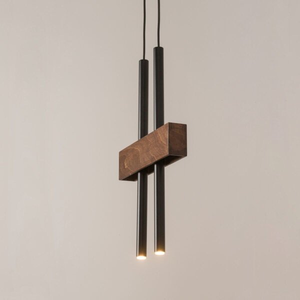 Longue lampe à suspendre métal bois noir 2 flammes 31 cm