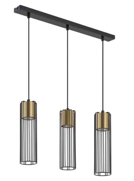 Longue lampe à suspendre Noir Or 60 cm Cylindre 3 flammes