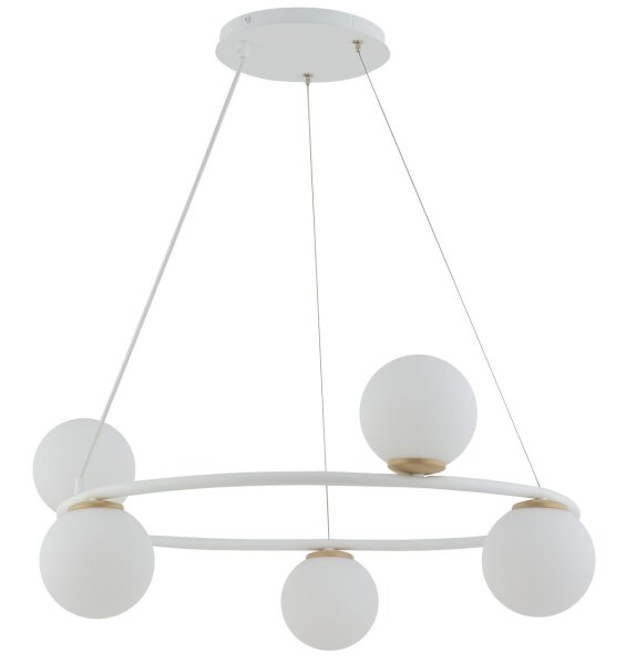Suspension 5 flammes métal verre blanc boules L:68 cm