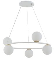 Suspension 5 flammes métal verre blanc boules L:68 cm