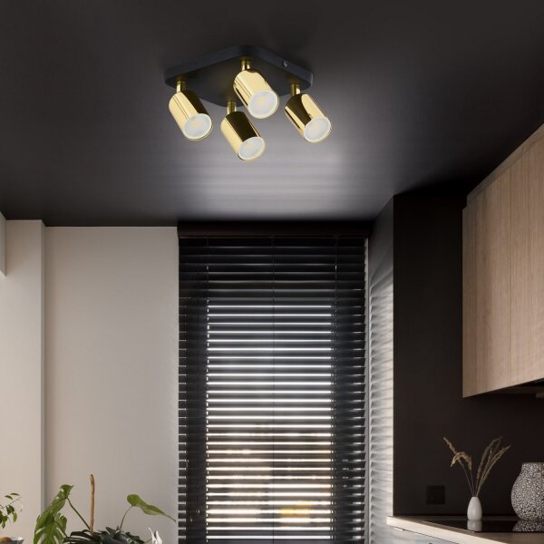 Spot de plafond métallique 4 flammes GU10 noir or BRIONY