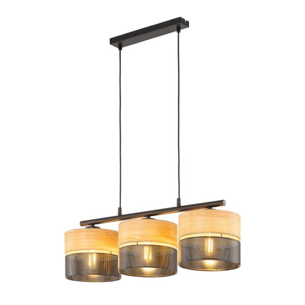 Lampe à suspendre Moderne allongée 3 flammes Noir Naturel E27