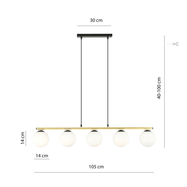 Suspension noir blanc or E14 verre métal 105 cm de long