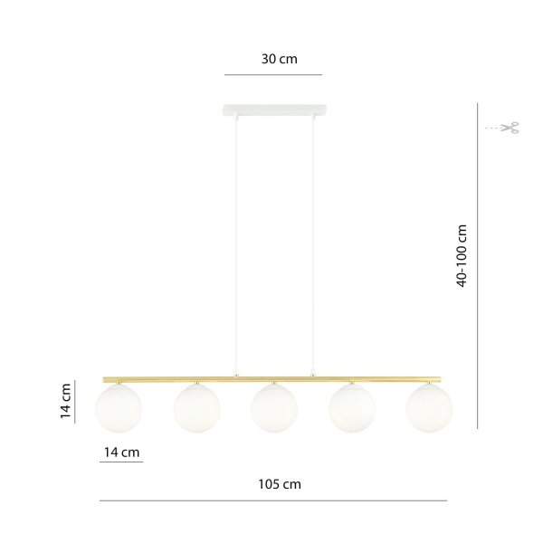 Suspension Blanc Or 5x E14 Abat-jour sphérique Verre Métal