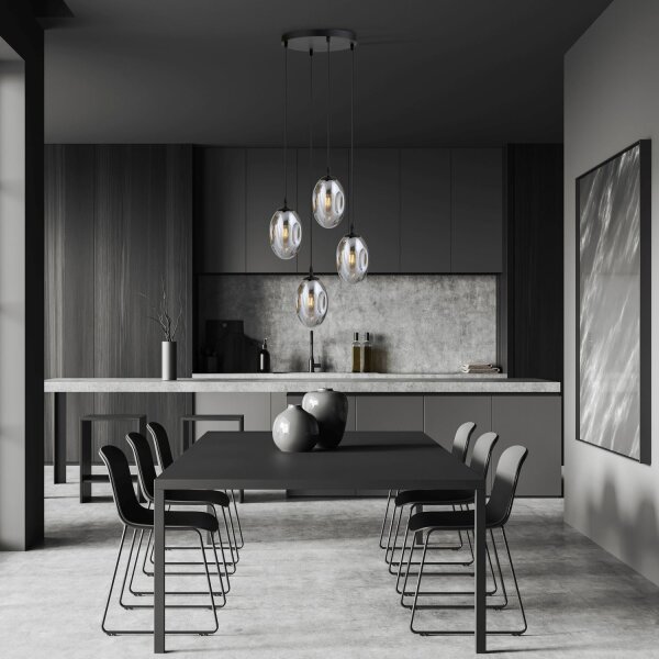 Suspension noir gris 4 flammes E14 verre fumé