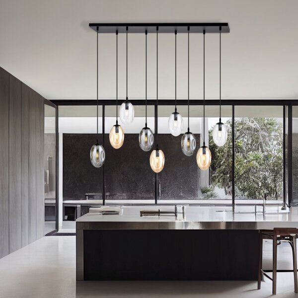 Suspension grande verre fumé 100 cm de long 9x E14 CARLU