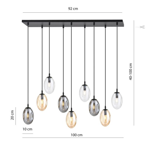 Suspension grande verre fumé 100 cm de long 9x E14 CARLU