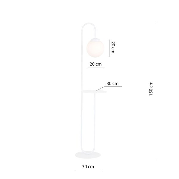 Lampadaire Blanc 150 cm petit verre Abat-jour sphérique Tablette