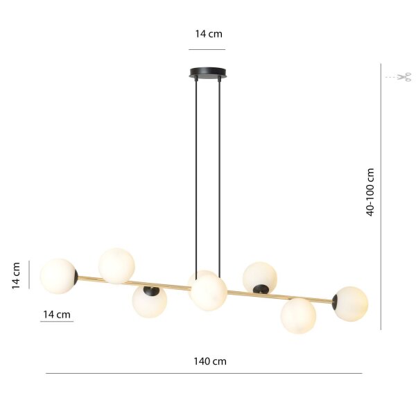 Suspension longue 140 cm E14 en noir blanc or