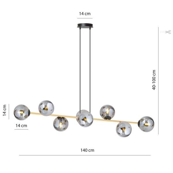 Suspension Noir Graphite Or 140 cm de long Verre fumé