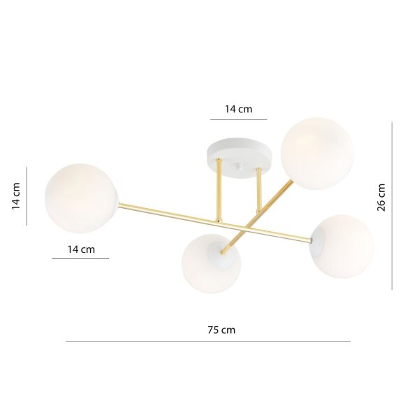 Plafonnier blanc or en verre métal 4 flammes