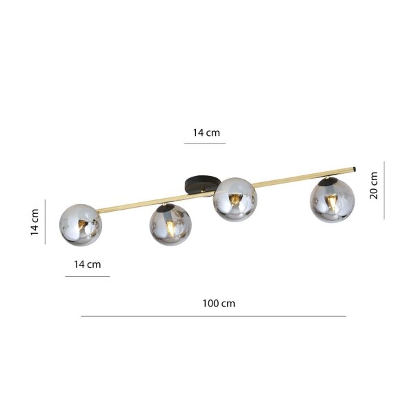 Plafonnier 100 cm de long verre fumé métal 4x E14
