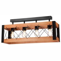 Plafonnier Rustique Bois M&eacute;tal 4x E27 63 cm long Noir