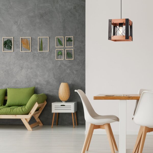 Suspension Rustique réglable E27 Métal Bois Noir