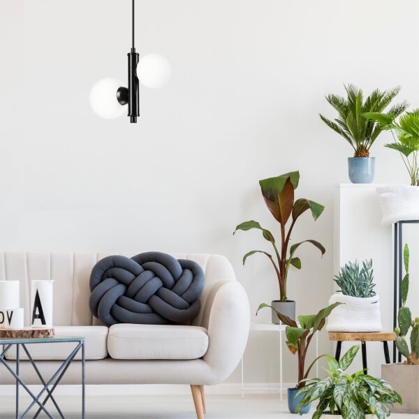 Lampe à suspendre métal verre noir blanc 2x E27 Abat-jour sphérique