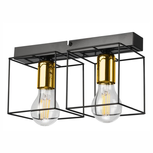 Plafonnier métal 2 flammes E27 32 cm long noir or