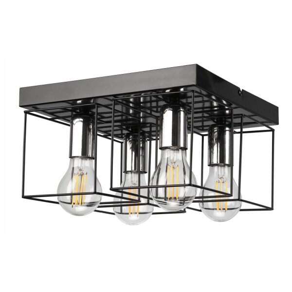 Plafonnier Métal Noir Chrome L : 30 cm carré 4 flammes