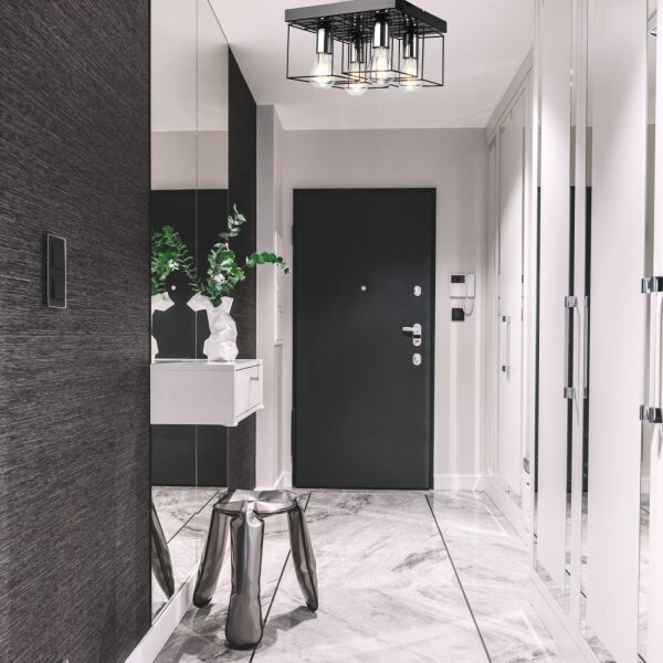 Plafonnier Métal Noir Chrome L : 30 cm carré 4 flammes
