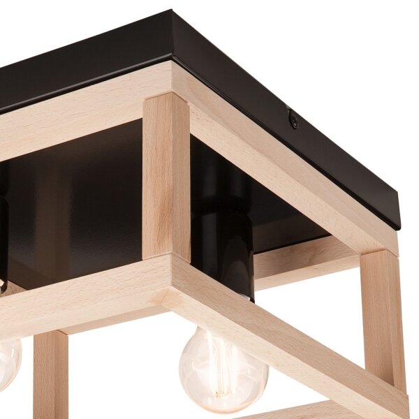 Plafonnier noir naturel 2x E27 L : 30 cm carré bois métal