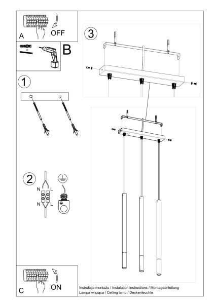 Lampe à suspendre métal 3 flammes cylindre G9 noir cuivre