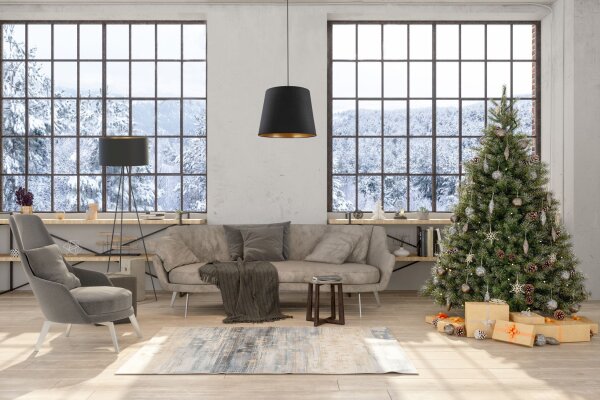 Lampadaire tripode E27 156 cm en noir or métal tissu