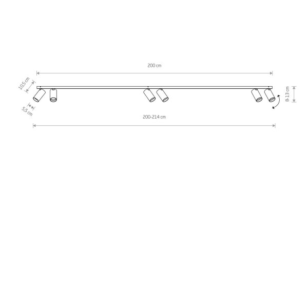 Grand spot de plafond 2 m de long 6 flammes GU10 noir laiton