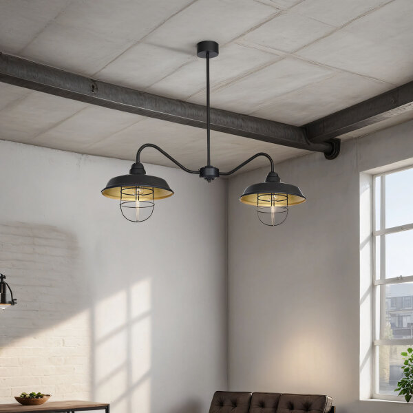 Plafonnier industriel noir or 2x E27 120 cm de long