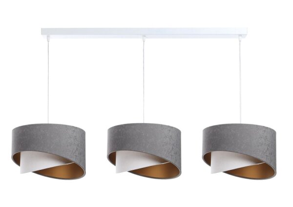 Suspension tissu 3 flammes en blanc gris or E27 L : 87 cm