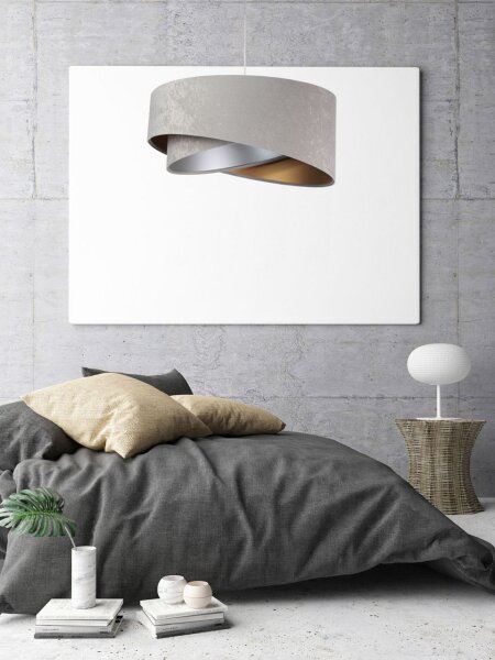 Lampe à suspendre ronde E27 D : 50 cm Gris Or Argent Abat-jour en tissu