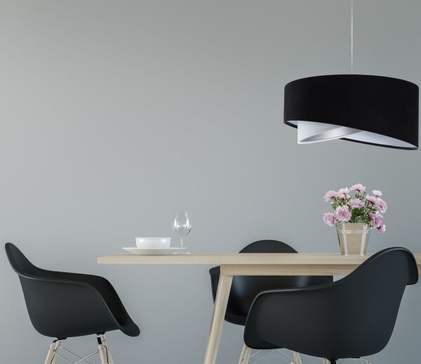 Suspension E27 ronde D : 50 cm Tissu Noir Argent Blanc